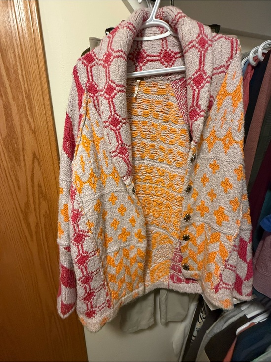 Free People Sweaters - Free People Bright Optimistic Cardigan Chunky Knit Shawl Collar - Pink & Orange